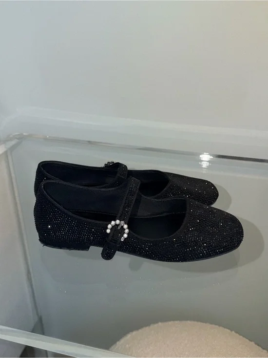 Zara Girls' Black Rhinestone Mary Jane Flats