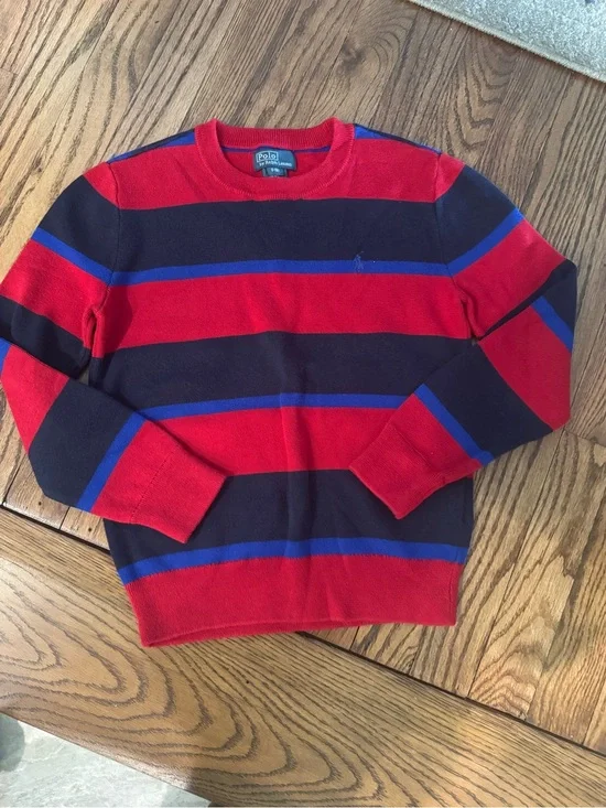 Ralph Lauren Red, Navy & Royal Blue Striped Boys Crewneck Sweater Size 8 School