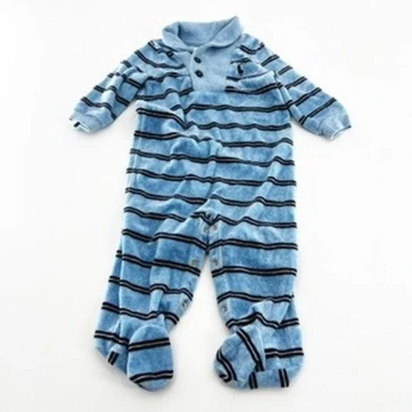 Ralph Lauren Baby Boy Blue Striped Velour Footed Romper Coverall 9 Months Shawl