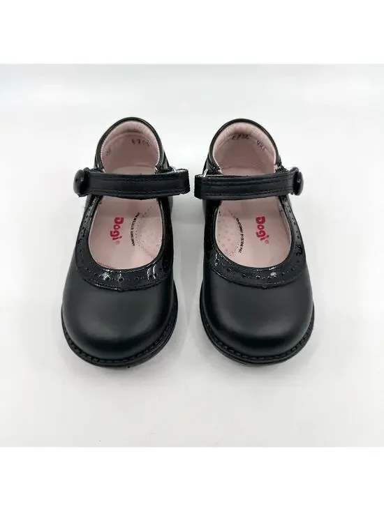 Dogi Kids Girls' School Shoes Black Size 9 1/2 Ankle Strap Loop Slip On Leather