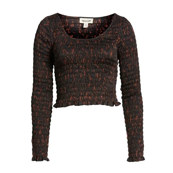 New Open Edit Women's Brown Fall Long Long Sleeve Smocked Crop Top Size Medium