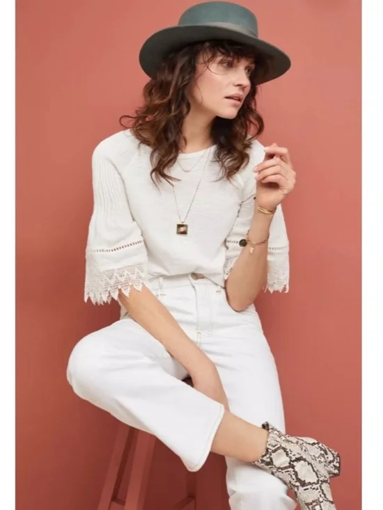 Anthropologie Eri + Ali Pennbrooke Lace Trim Top XS White Boho Bell Sleeve
