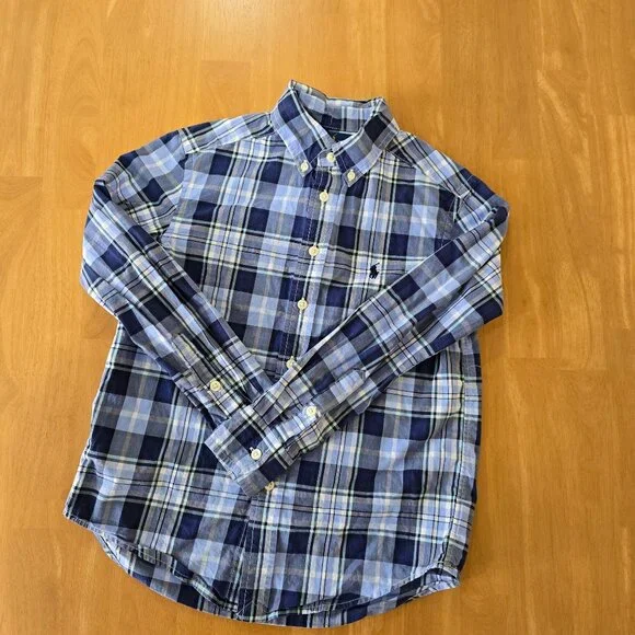 Ralph Lauren Boy's Long Sleeve Button Up Shirt Blue Plaid Poly Logo Size 8 Small