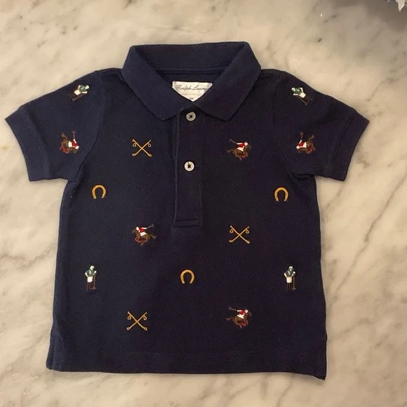 Ralph Lauren Navy Polo Knit with Polo Players, Horses & Horseshoes Shirt Size 6M