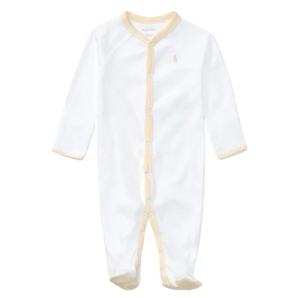 Ralph Lauren Baby White Yellow Striped Trim Footed Romper Sleeper 9M 9 Months