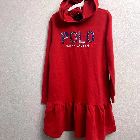 Ralph Lauren Kids‎ Girls Red Polo Logo Fleece Hoodie Dress Size L 12-14 NWT