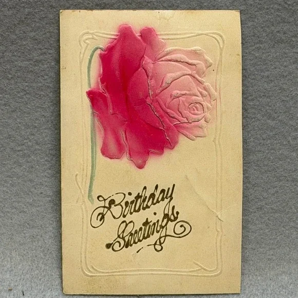 Birthday‎ Embossed Vivid Pink Rose Gold Script 1910 Irvington IA to IL POSTCARD
