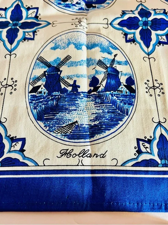 Vintage Dutch Holland Blue Windmill Tea Towel Delft Style
