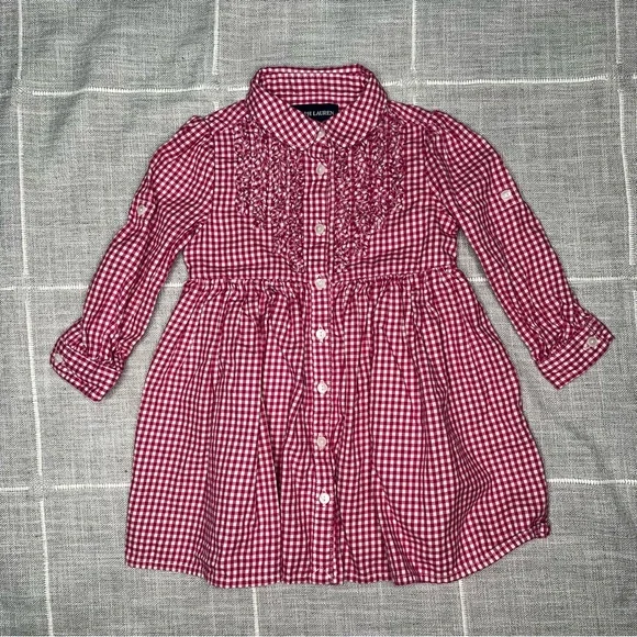 Ralph Lauren 12 Months Pink White Gingham Plaid Dress Long‎ Sleeves Roll Tab