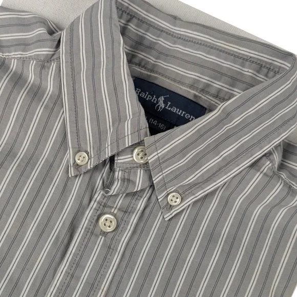 Ralph Lauren Boys Grey White Striped Long Sleeve Button Down Shirt Size L 14-16