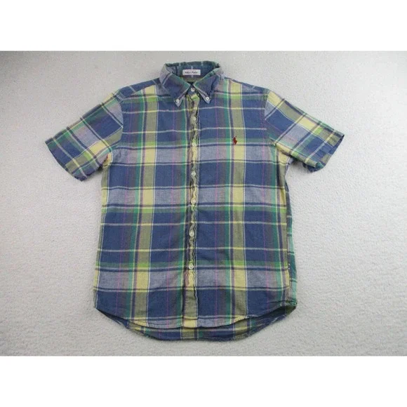 Ralph Lauren Shirt Youth Small Blue Short Sleeve Plaid Button Down Indian Madras