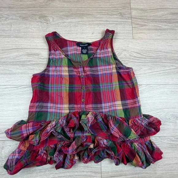 Ralph Lauren Kids Plaid Ruffle Tank Top Dress Size 12 Red‎ Green Cotton Madras