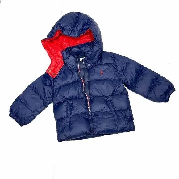 Ralph Lauren Down Puffer Jacket Removable Hood Zip Front Navy Blue Red 24 months