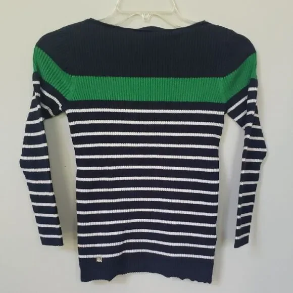 Ralph Lauren Sweater Girls M Striped Navy and Green Rib Knit Boat Neck Preppy