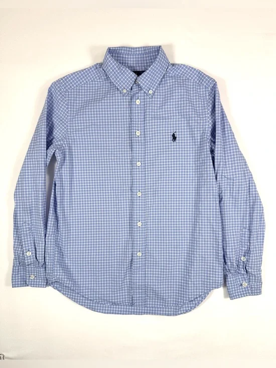 RALPH LAUREN Boys Blue Check Button Down Shirt M 10-12 Preppy Classic Coastal