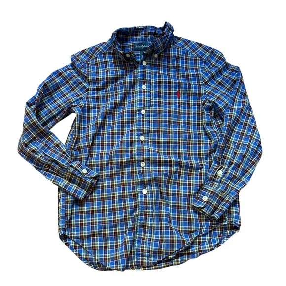 Ralph Lauren Plaid Button Down Kids Blue Excellent‎ Long Sleeve Pony SIZE 10-12