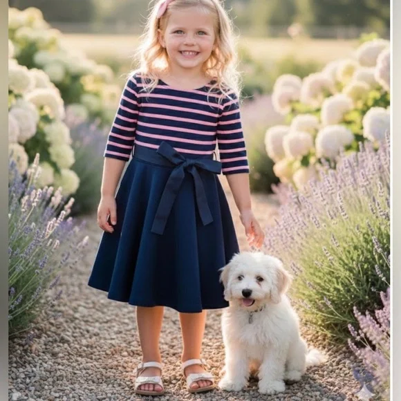 Ralph Lauren. Blue and pink. Fit and Flare Dress with 3/4 Sleeves