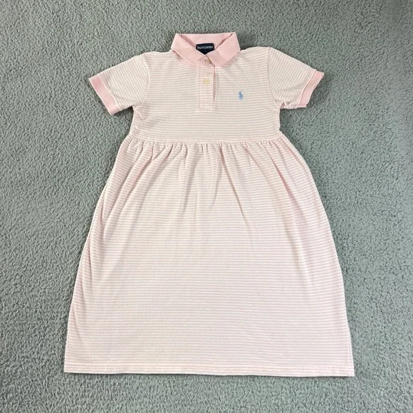 Ralph Lauren Polo Dress Girls 4 Pink White Striped Short Sleeve Cotton Pique