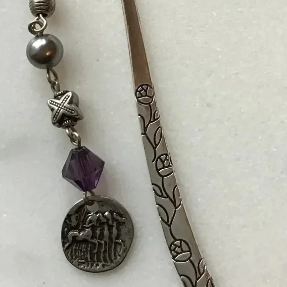 Tibetan Metal Bookmark Flower Engraved - Silver -‎ Purple Beads