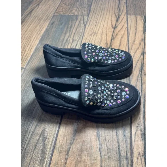 Steve‎ Madden Kids Black Star Studded Platform Loosy Loafers Rhinestone Shoes
