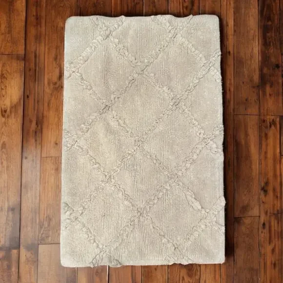 Simply Shabby Chic Antique White 100% Cotton Bath Mat Rug With Lattice Pattern