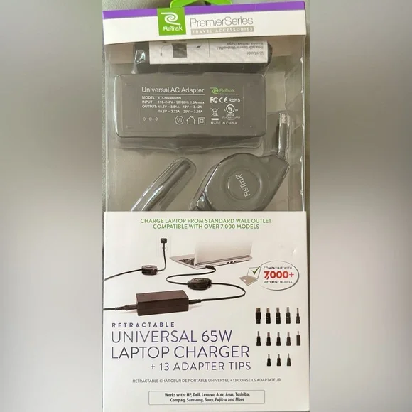 ReTrak Retractable Universal 65W Laptop Charger + 13 Adaptor Tips