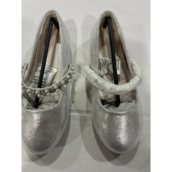 David B. Gold Glitter Iridescent Flower Bow Little Girls Dress Shoes US Size 11
