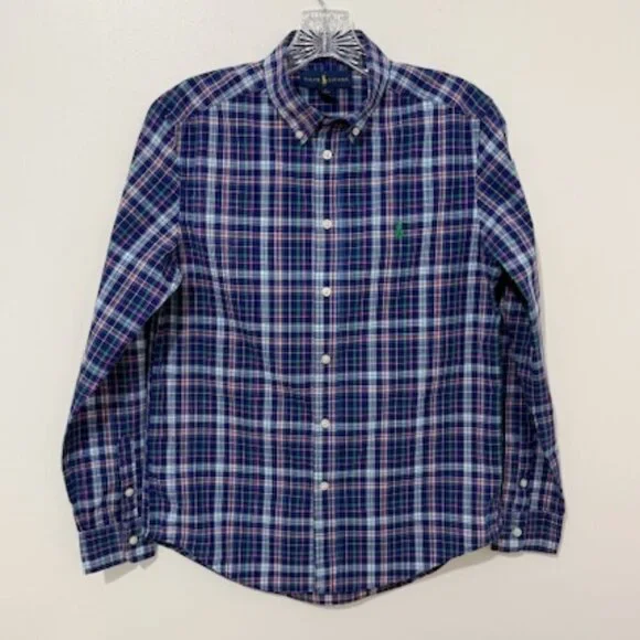 Ralph Lauren Button-Down Blue Green Plaid Long Sleeve Shirt Boy's L 14-16
