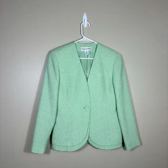 Vintage Christian Dior Blazer Jacket Wmns 8 Made In USA Silk Trim Mint Green 80s