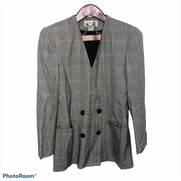 Christian Dior Vintage Plaid Check Button Blazer 8 Retro Double Structured Black