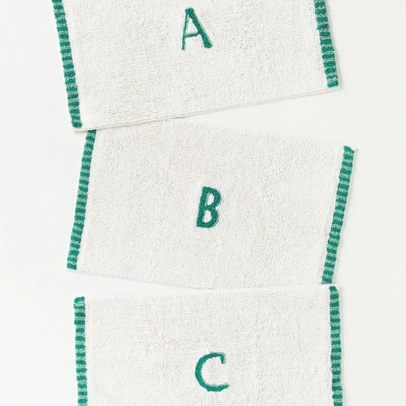 Anthropologie Monogram Embroidered Cotton Bath Mat - White with Green Accents