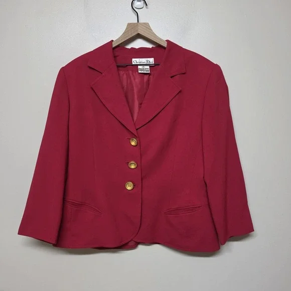 Vintage Christian Dior Red Blazer Jacket Womens Size 16 Gold Button Career