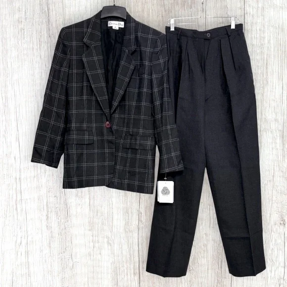 NWT Christian Dior Vintage 80s Plaid Blazer High Waist Pleated Pants Suit USA 4