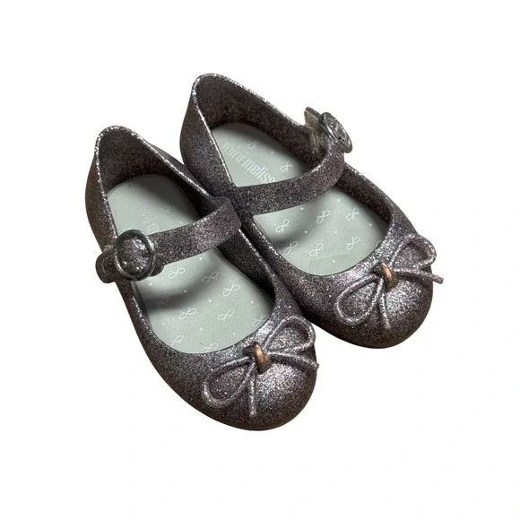 Mini Melissa Silver Glitter Ultragirl Bow Mary Jane Jelly Shoes Kids Size 6 US