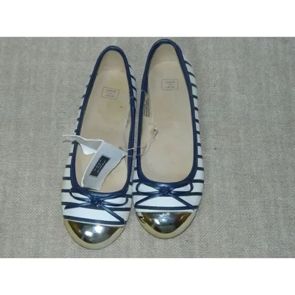 Janie and Jack‎ Ballet Flats Size 1 Blue white Striped Gold Toe Metallic Bow