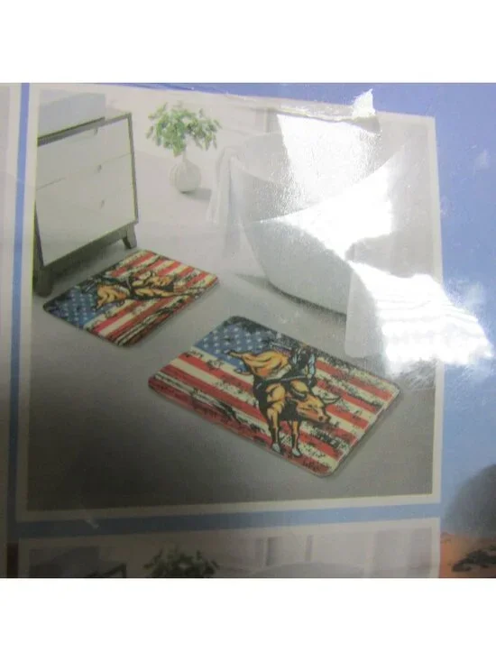 2 Pc Patriotic Bull Riding American Flag Western Print Bath Rug Set