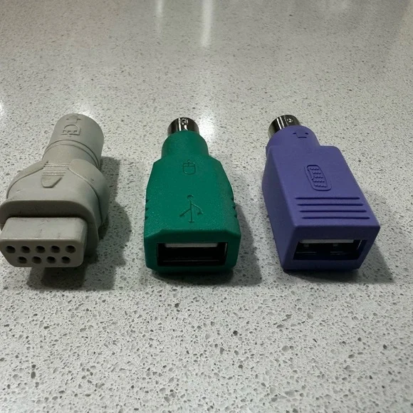 Set of Three Computer Adapters - Gray, Green, Purple. PS/2 keyboard to USB.