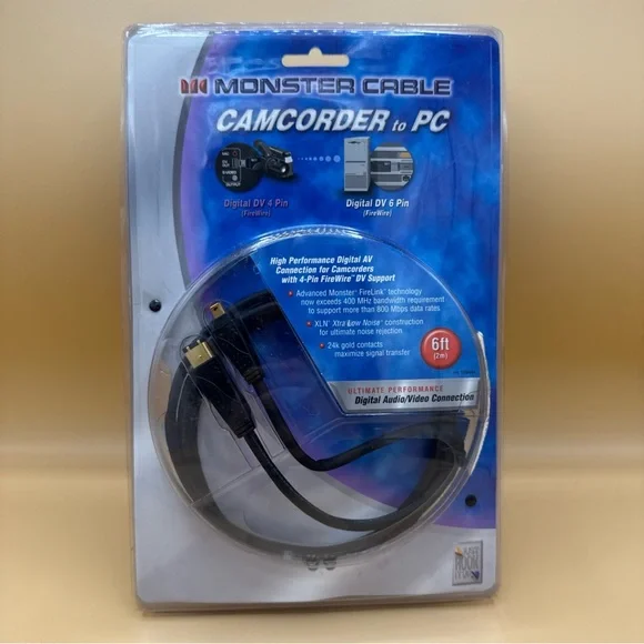 Monster Cable 6ft Camcorder to PC FireWire 4 pin to 6 pin 24K gold contacts NIP