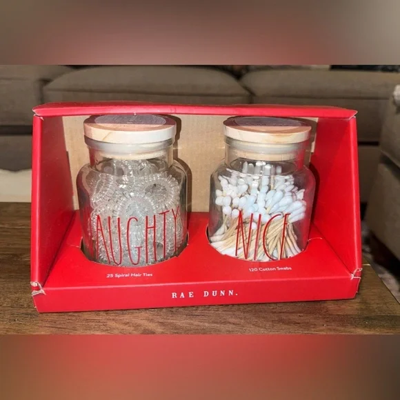 NWT Rae Dunn Red Naughty/Nice Gift Jar Christmas/Holiday Hair Ties/Cotton Swabs
