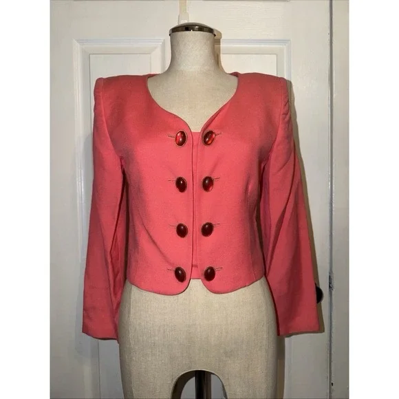 VTG‎ Christian Dior USA Sz 2 Power Blazer Jewel Oval Cabochon Buttons Crop 80's