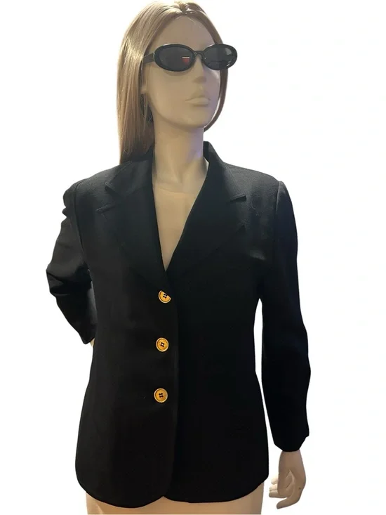 Vintage Christian Dior Black Wool Blazer Gold Buttons Power Dressing Size 14