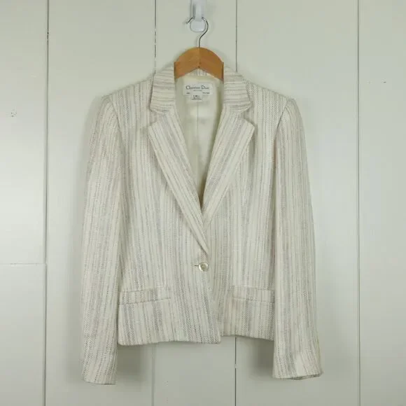 Christian Dior Petites Single Button Blazer Womens SZ 8P Cream Made in US READ