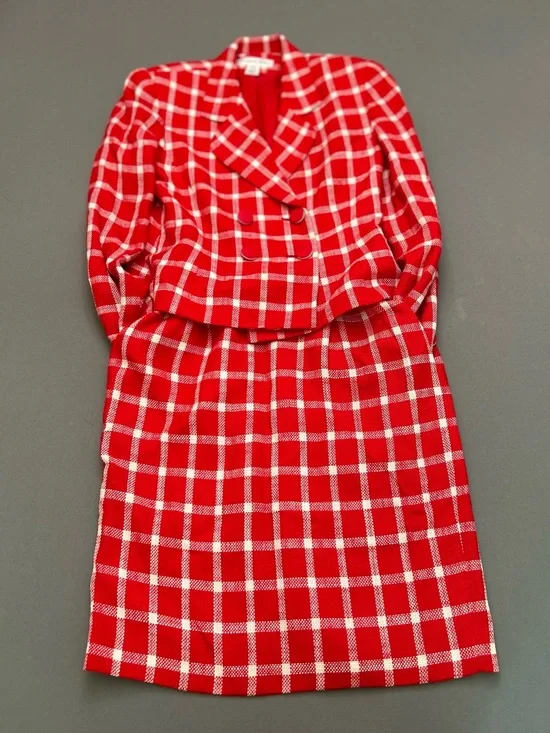 Vintage Circa 90's Couture Dior Red and White Windowpane Blazer and Skirt SET