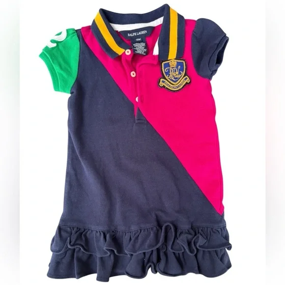 Ralph Lauren Dress Color-Block Pink Blue Green Crest‎ Girls Size 18m Preppy