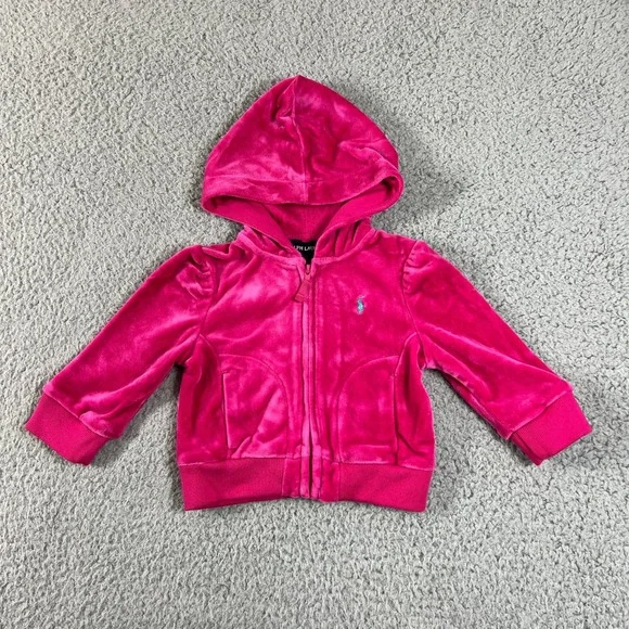 Ralph Lauren Tracksuit Girls 9M Pink Velour Zip Hoodie and Pants Set Vintage NWT
