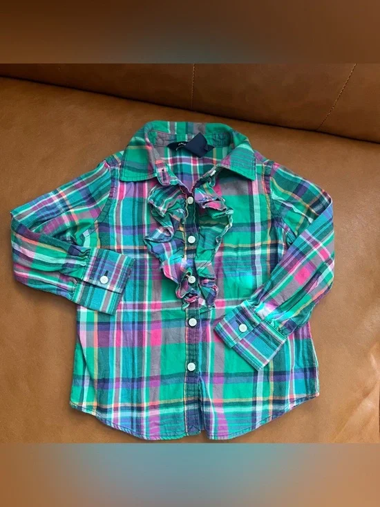 Ralph Lauren Toddler Girls Sz 2T Flannel Jabot Plaid Ruffle Button-Down Shirt
