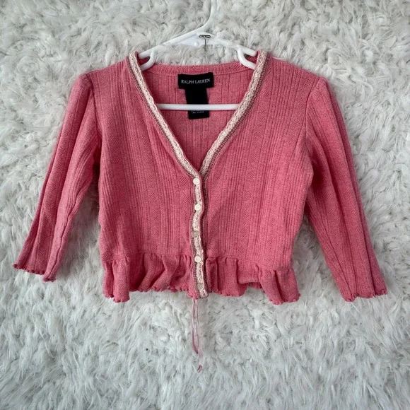 Ralph Lauren Cardigan Sweater Baby 18M Pink Cottagecore Peplum Ruffle‎ Lace Trim