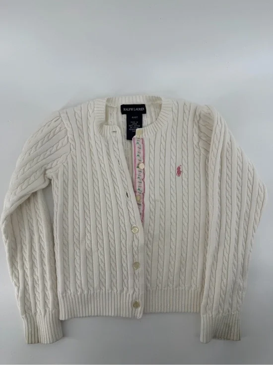 VINTAGE Ralph Lauren Girls White Cable Knit Cardigan 4/4T MADE IN JAPAN