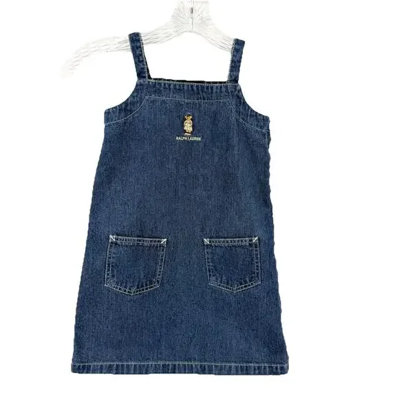 Vintage Girls 5 RALPH LAUREN Polo Teddy Bear Y2K Denim Jumper Dress Blue Jean