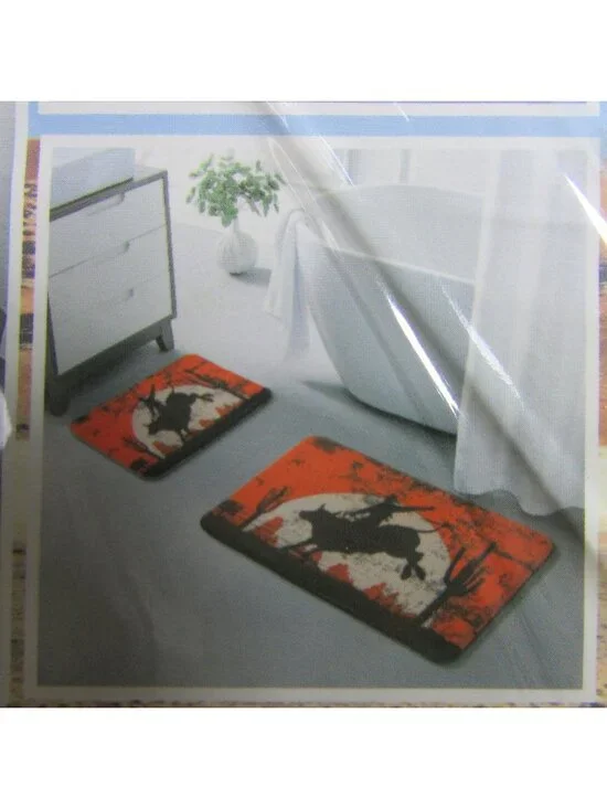 2 Pc Bull Riding Desert Sunset Western Print Bath Rug Set